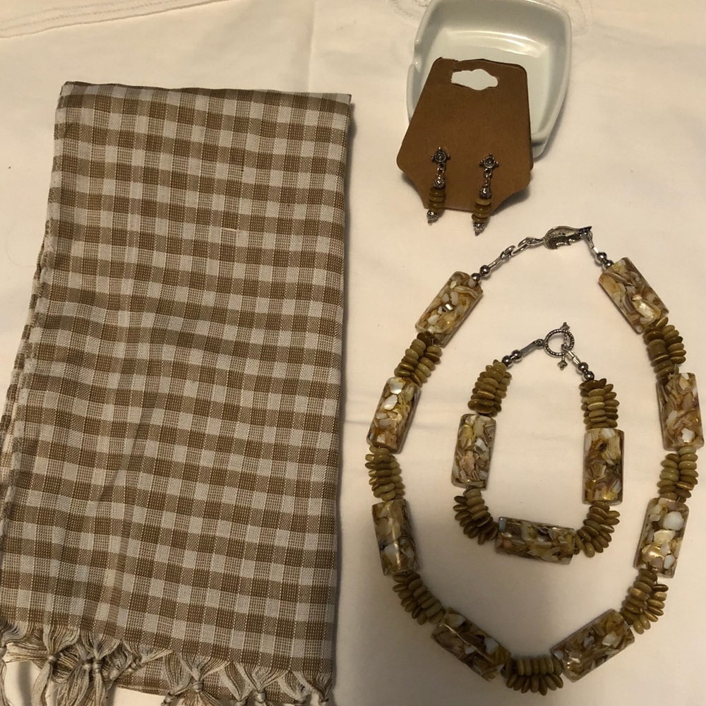 Handmade necklace, bracelet, earrings & scarf